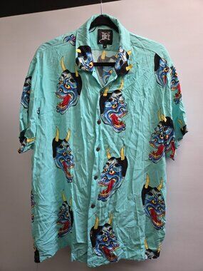 Ed Hardy Devil Face Button Down Camp Shirt Aqua ( XL )